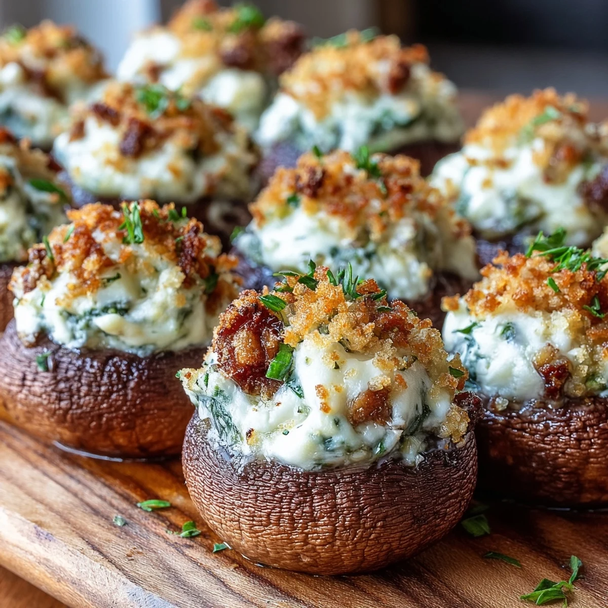 Golden-brown Stuffed Asiago-Basil Mushrooms resting on a platter, with melted cheese and fresh basil garnish.