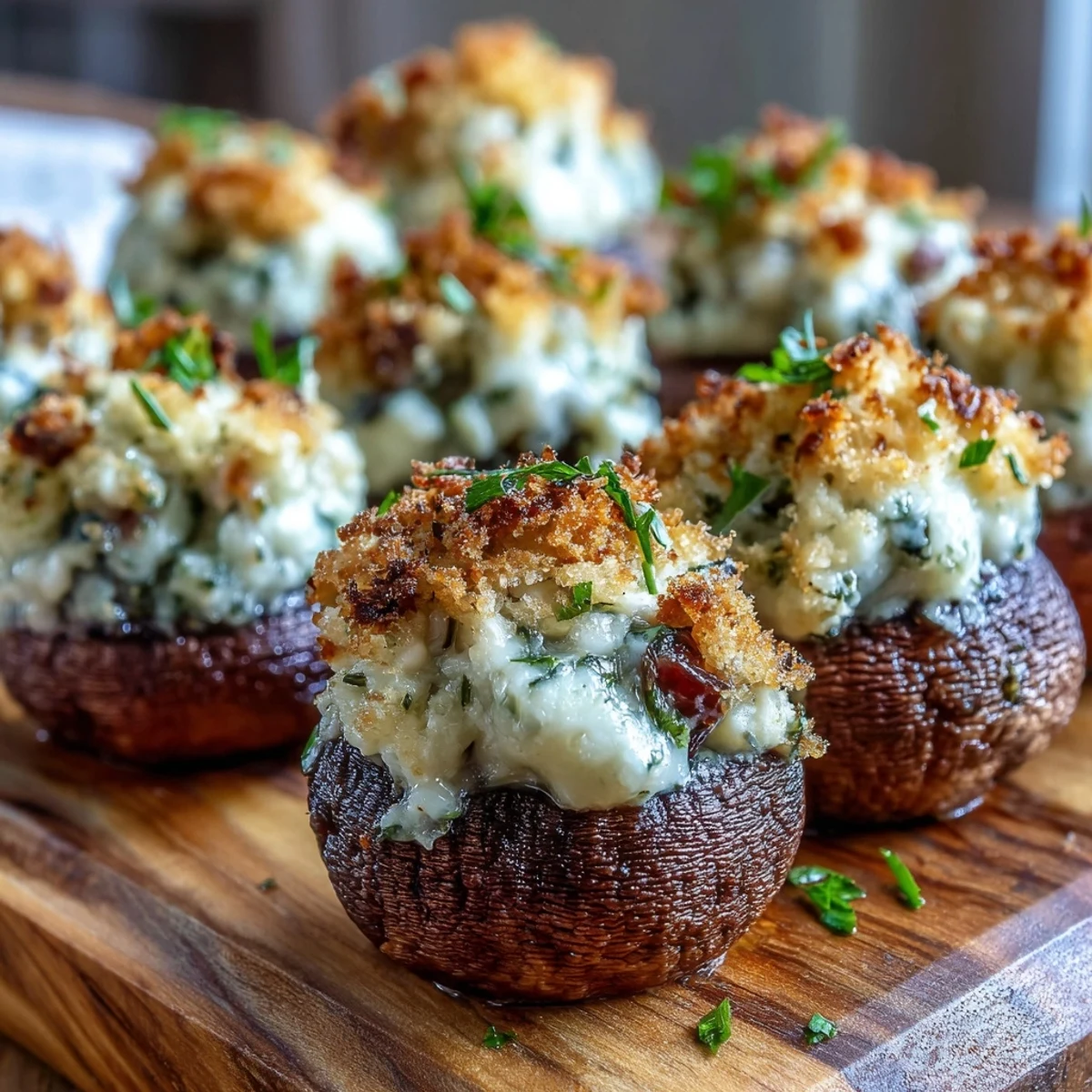 Appetizer platter of Stuffed Asiago-Basil Mushrooms, bite-sized cremini caps filled with creamy cheese and aromatic herbs.