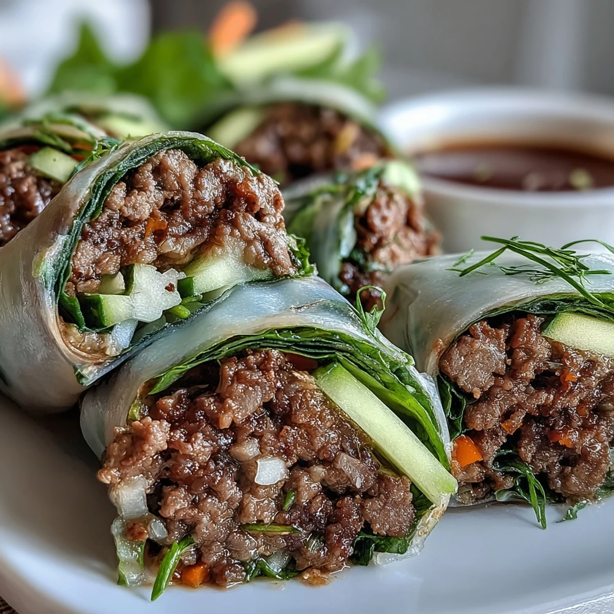 Fresh Thai Basil Beef Rolls filled with savory ground beef, crisp cucumbers, and carrots, served with a spicy dipping sauce.