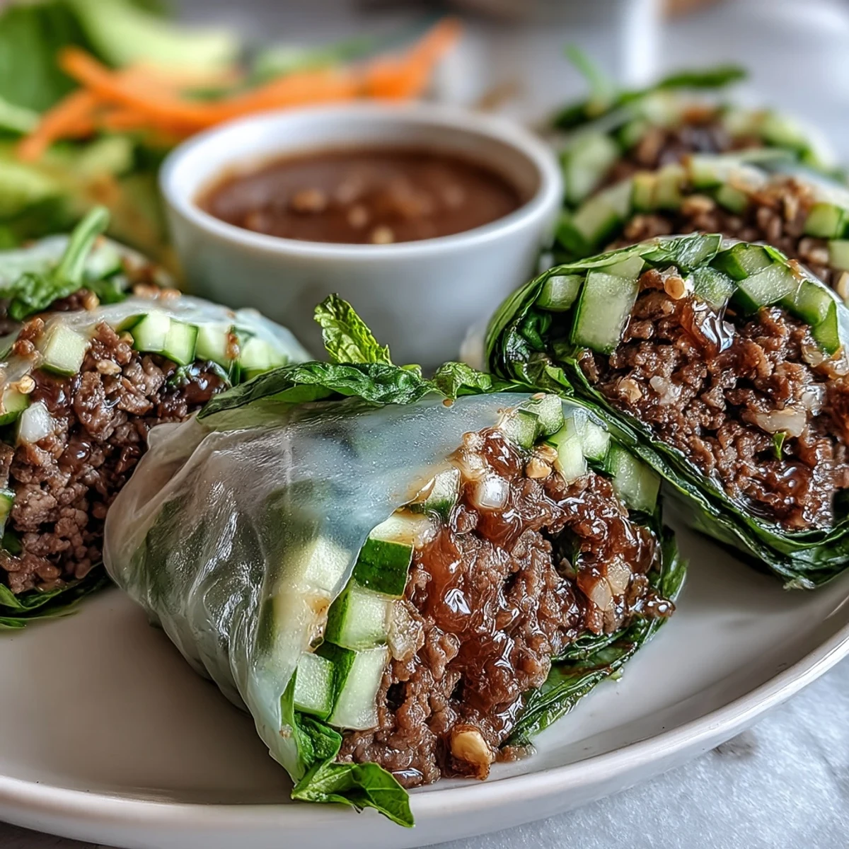 A vibrant close-up of Thai Basil Beef Rolls, showcasing colorful vegetables and herbs wrapped in soft, translucent rice paper.