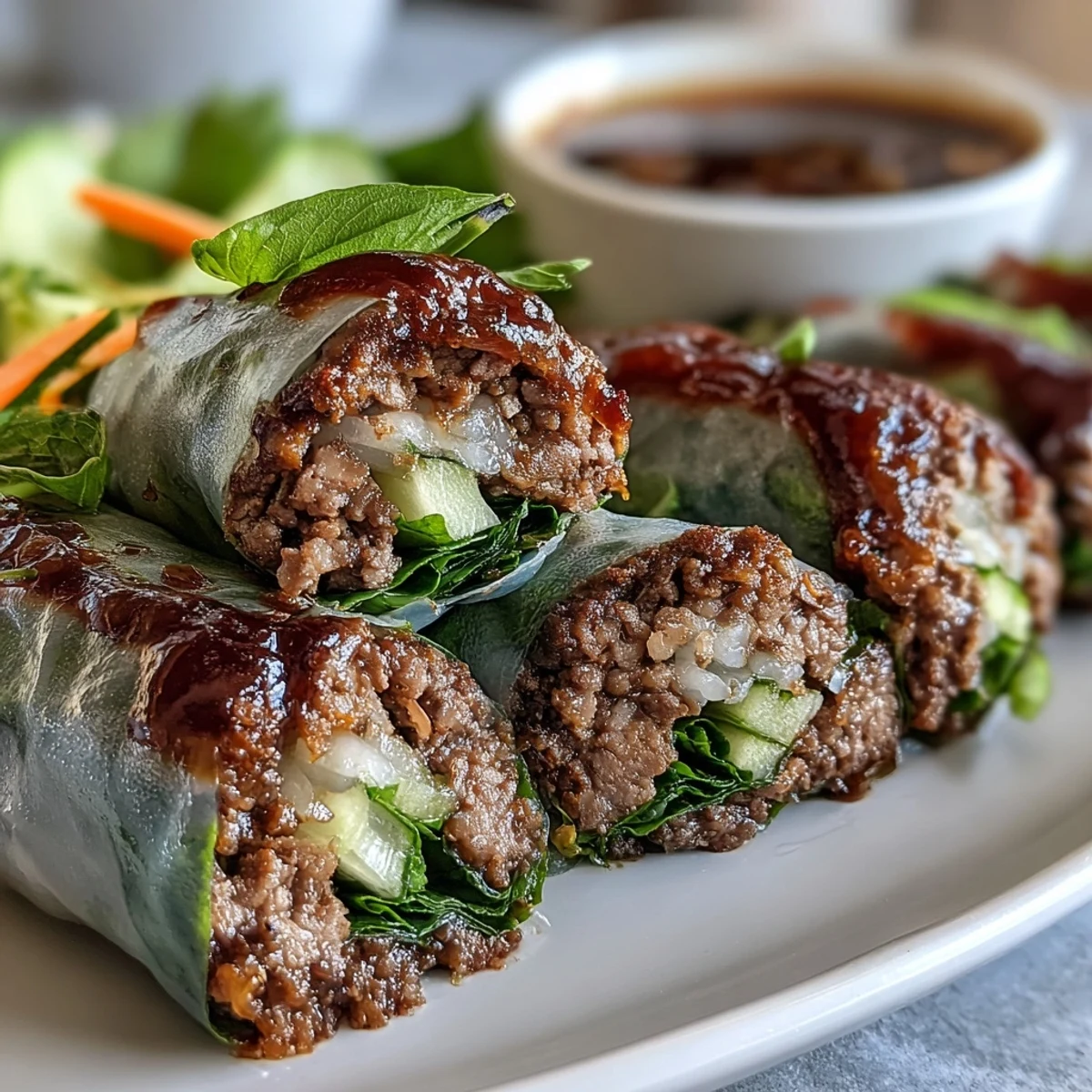 Handheld Thai Basil Beef Rolls on a platter, featuring tender beef and fresh herbs, perfect for a light lunch.