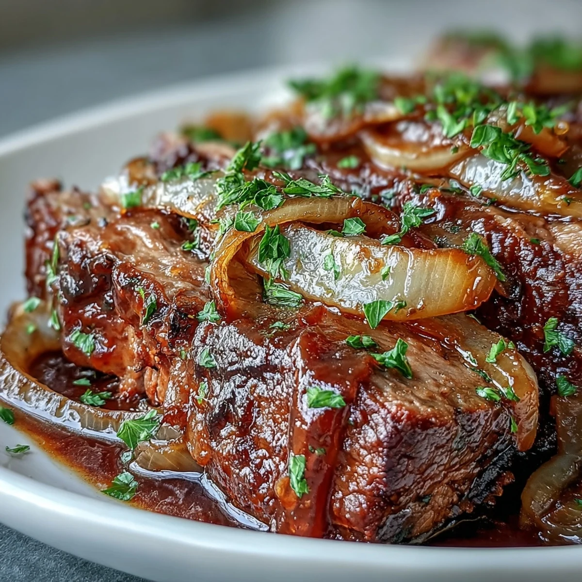 A hearty Savory Crock Pot French Onion Pot Roast simmered with thyme and red wine, topped with gooey cheese.