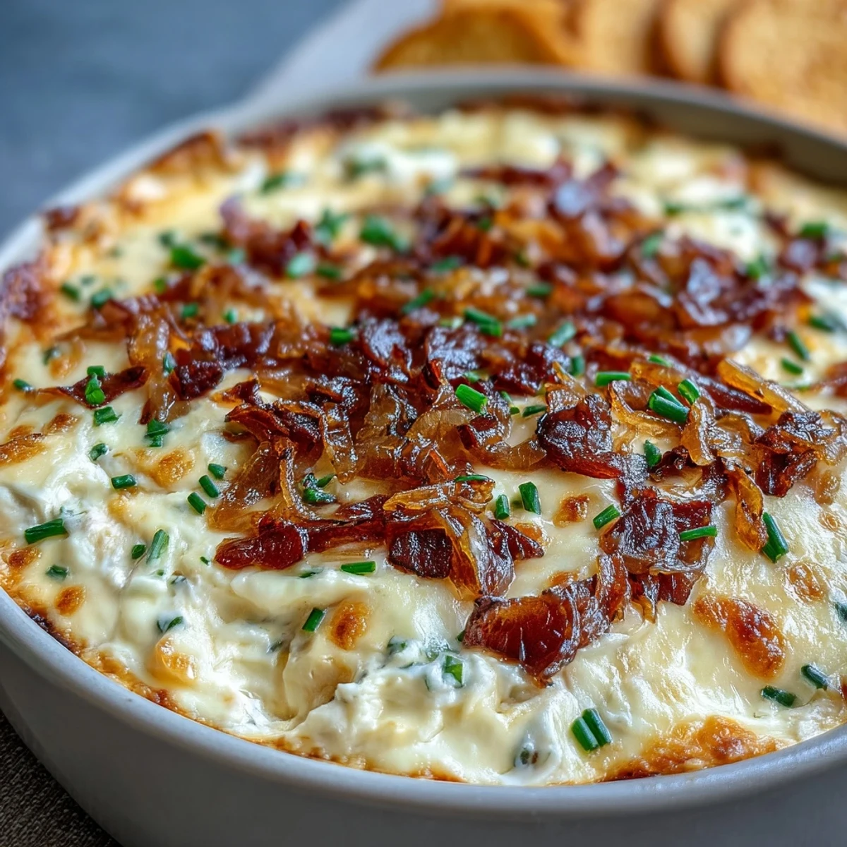 A warm bowl of homemade Smoked Gouda & Onion Dip, bubbling with golden cheese and caramelized onions.
