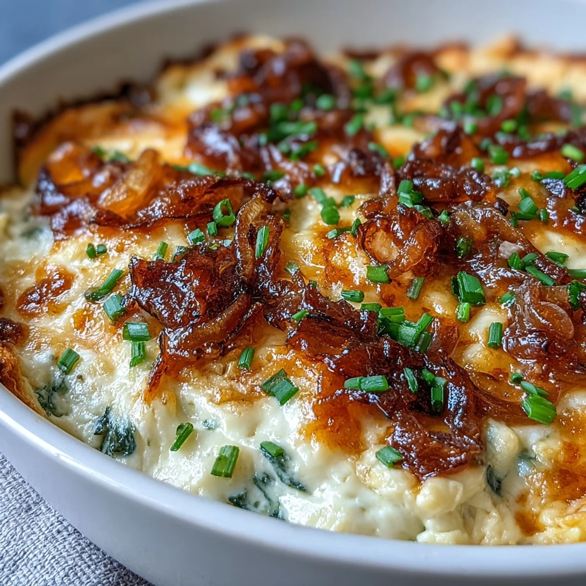 A spoon scoops into rich Smoked Gouda & Onion Dip, revealing a gooey texture perfect for party appetizers.