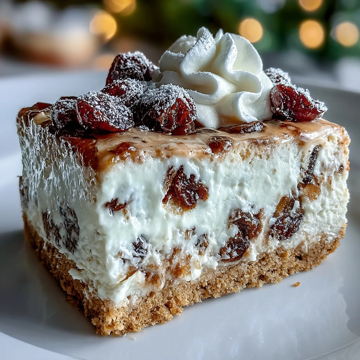 A close-up view of a Christmas Cheesecake Slab square, showcasing the velvety cream cheese filling with dried fruits nestled in a golden biscuit crust and topped with fluffy whipped cream.
