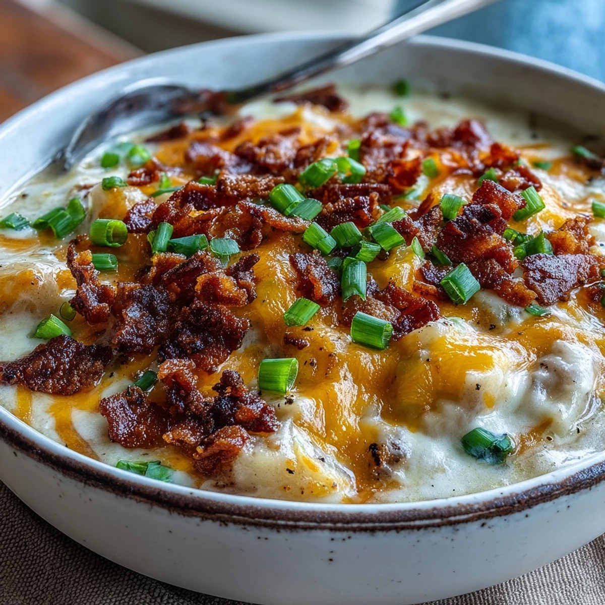 A close-up of homemade loaded potato soup, featuring velvety russet potato base and savory bacon toppings.