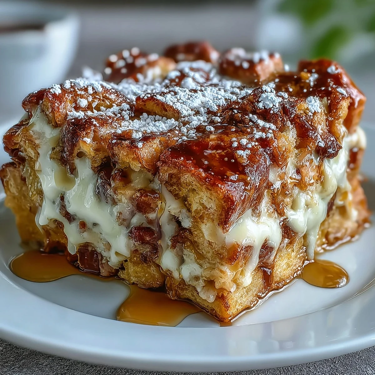 Golden-brown Monte Cristo Breakfast Casserole, topped with powdered sugar and a drizzle of maple syrup, served warm.