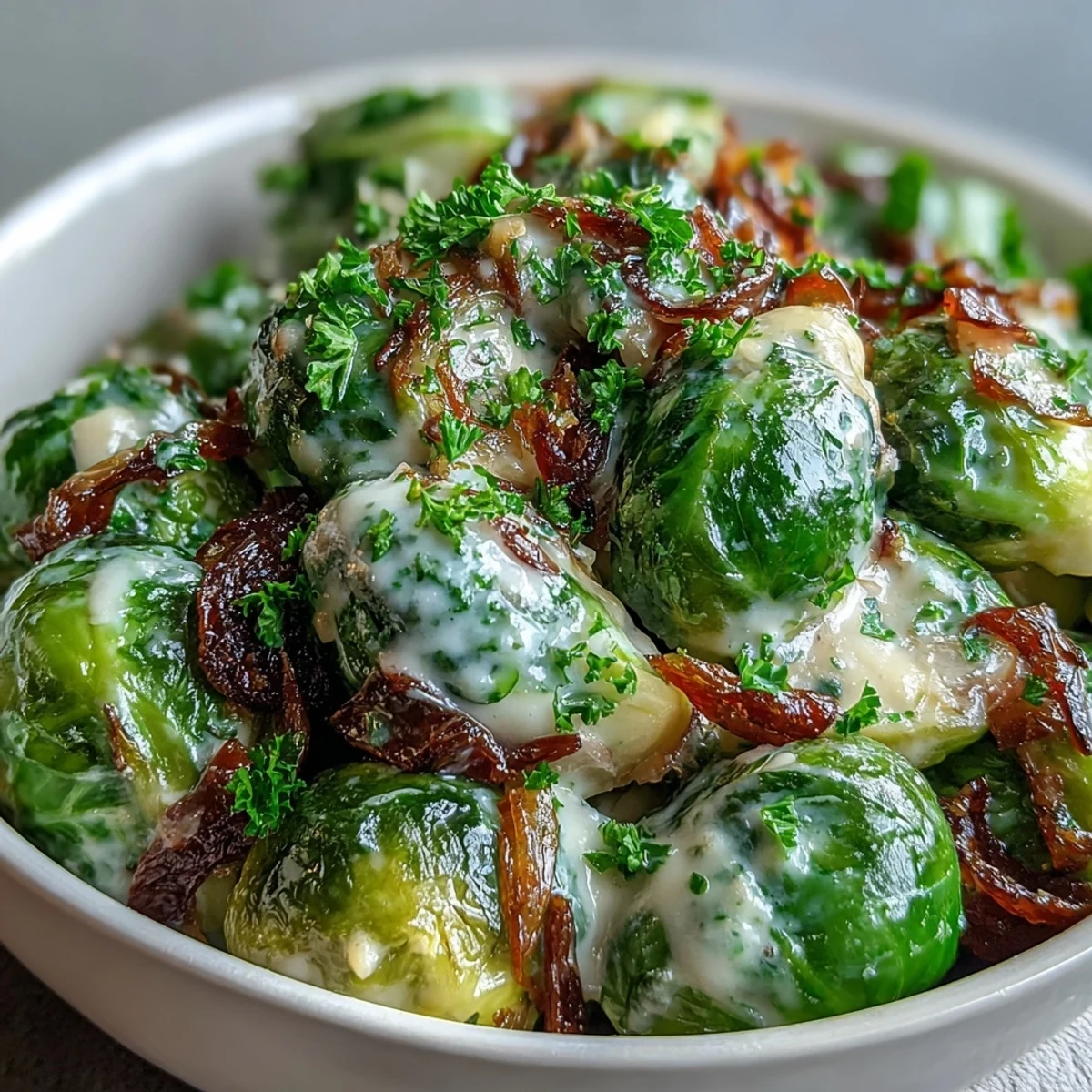 Golden-brown Brussels sprouts coated in a creamy Dijon mustard sauce, garnished with fresh parsley and served as a warm side dish.