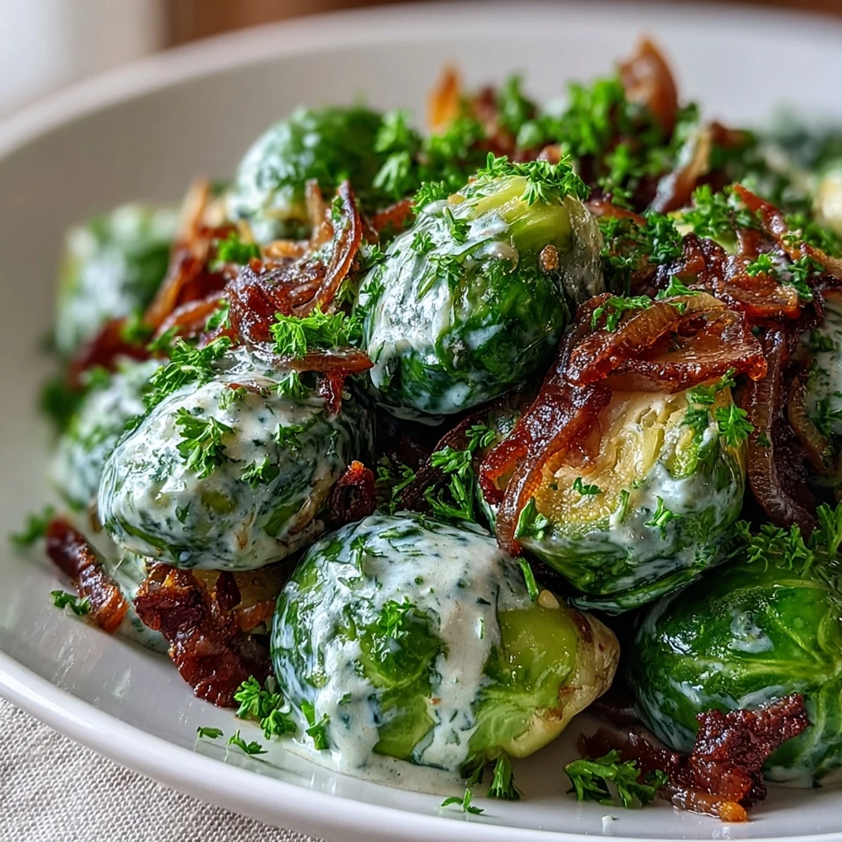 Roasted Brussels sprouts tossed in a velvety cream cheese and mustard sauce, with visible garlic, onion, and a bright lemon finish.