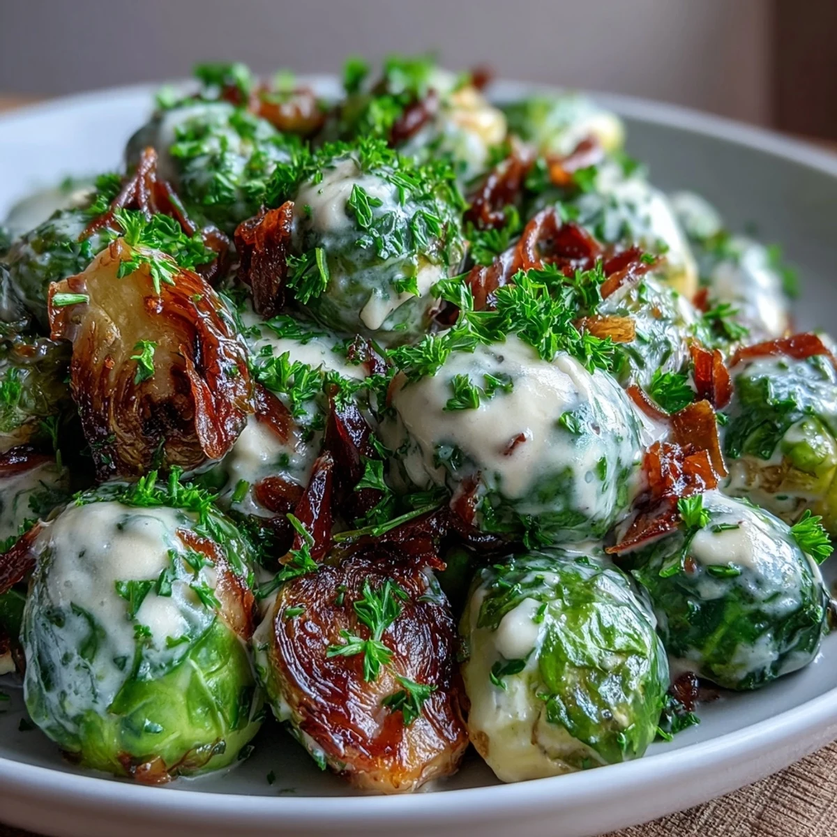 Freshly cooked Brussels sprouts in a rich, savory cream cheese and Dijon mustard sauce, presented in a skillet for a cozy dinner.