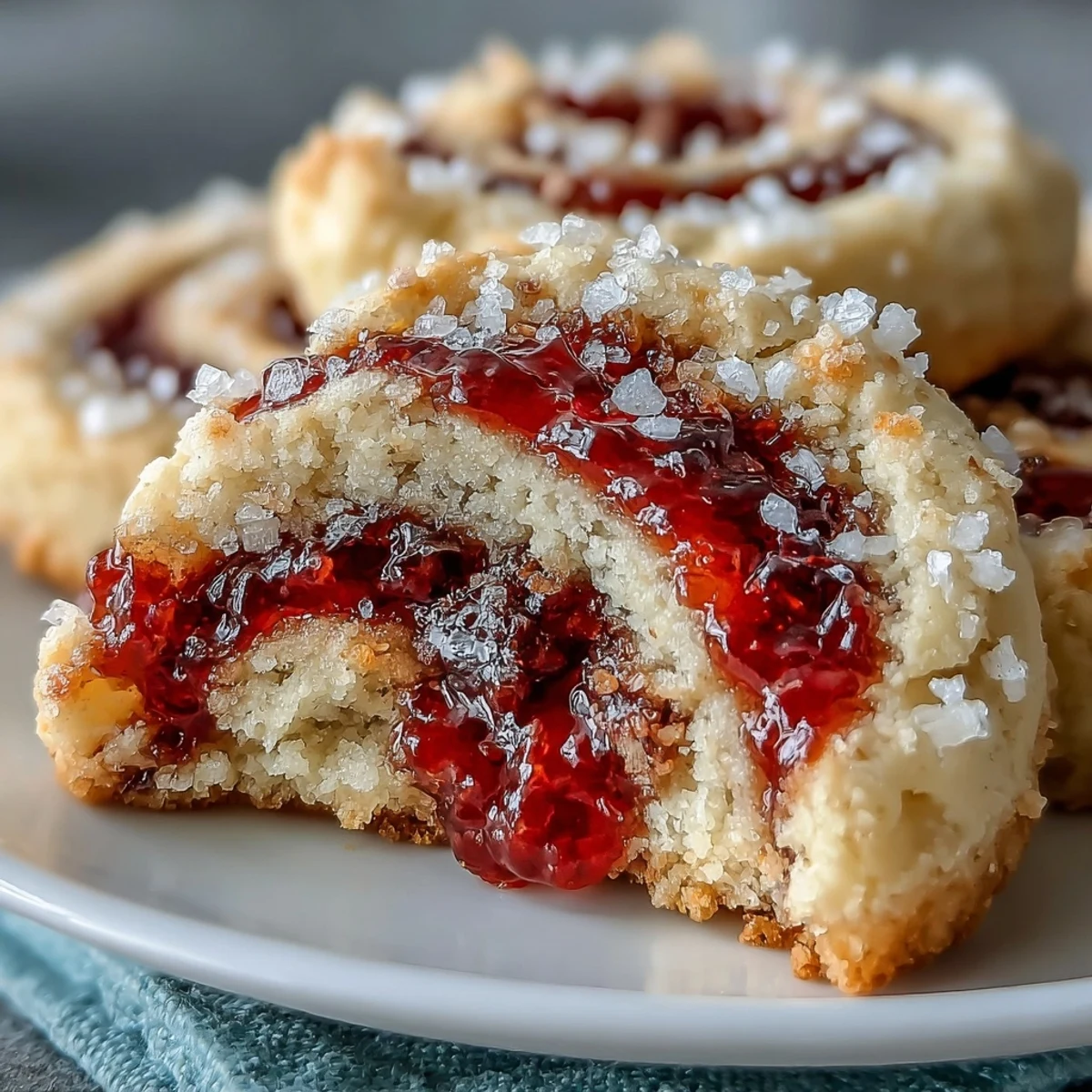 Golden shortbread cookies with raspberry swirls are arranged on a wire rack, their jammy centers glistening beside a cup of tea.