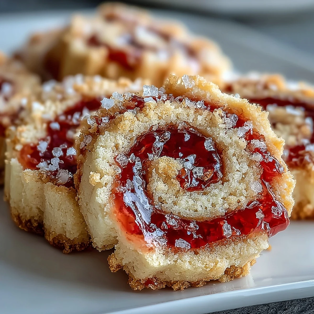 Close-up view of a Raspberry Swirl Shortbread Cookie broken in half, revealing the soft, buttery texture and tangy raspberry filling.