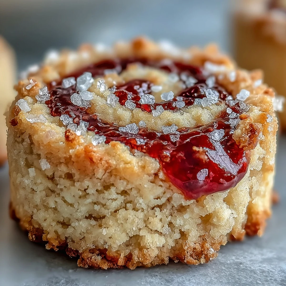 Freshly baked shortbread cookies with a bright red raspberry jam swirl, perfect for an afternoon dessert or homemade gift.
