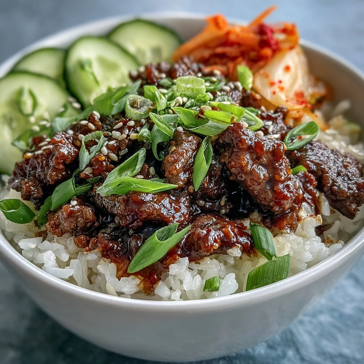 Spicy Korean Beef Bowl topped with crisp radish, tangy kimchi, and green onions, served in a white bowl for weeknight dinner.