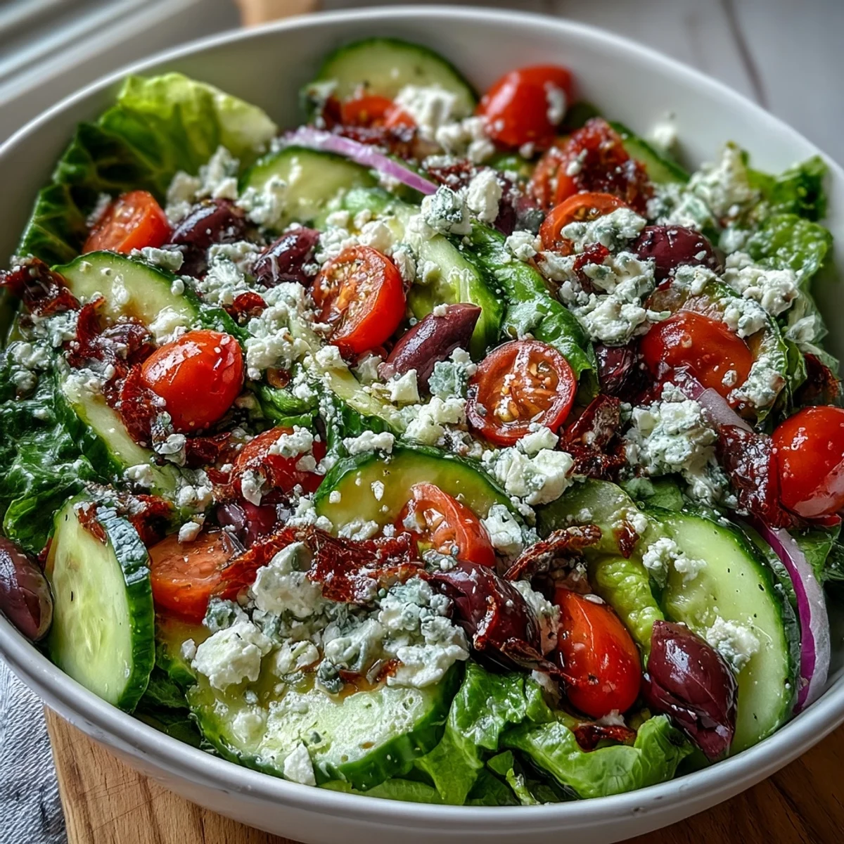 Freshly tossed Greek Salad Bowl with crisp romaine, creamy feta, and briny Kalamata olives in a classic vinaigrette.