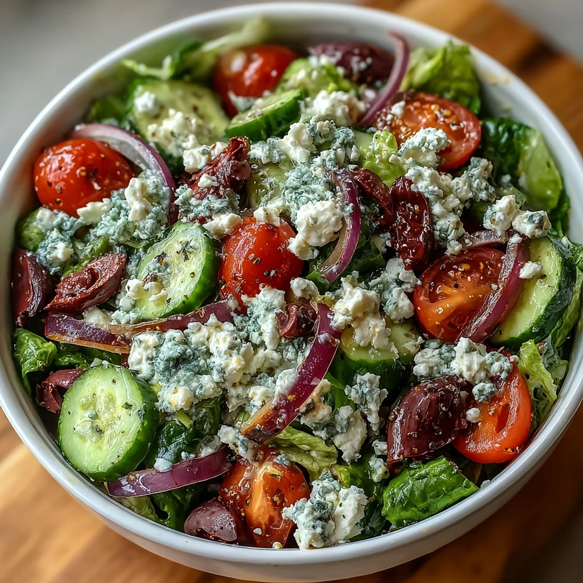 Bright Greek Salad Bowl featuring juicy cherry tomatoes, crunchy cucumbers, and tangy red onion, ready to serve chilled.