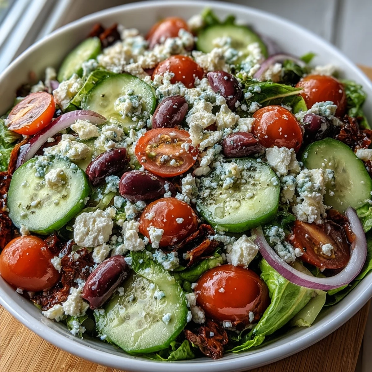 Colorful Greek Salad Bowl topped with crumbled feta, sliced Kalamata olives, and a drizzle of herb-forward Greek dressing.