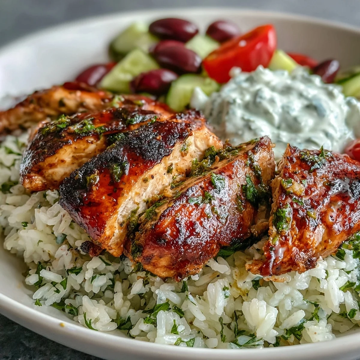 Homemade Greek Chicken Bowl ready to serve, packed with seasoned chicken, crisp vegetables, and rich tzatziki, embodying the fresh flavors of Mediterranean cuisine.
