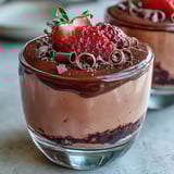 A close-up view of silky Chocolate-Covered Strawberry Mousse garnished with dark chocolate curls and a mint leaf.
