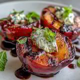 Freshly grilled plum halves drizzled with tangy balsamic glaze, garnished with mint and cracked black pepper.