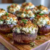 Freshly baked Stuffed Asiago-Basil Mushrooms served warm, featuring a savory filling and golden, bubbling cheese topping.
