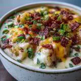 Hearty loaded potato soup served in a rustic bowl, garnished with bacon and melted cheddar cheese.
