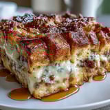 Layers of cinnamon-vanilla French bread, savory ham, turkey, and melted Swiss cheese in a hearty breakfast casserole.