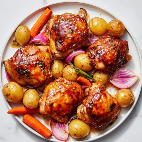 Golden brown Maple Dijon Chicken Thighs with roasted vegetables, a delightful sheet pan meal.
