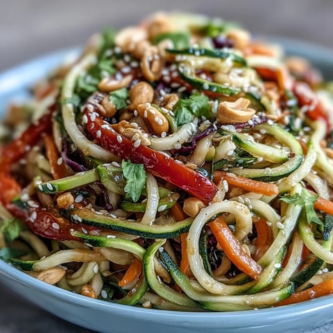 Fresh spiralized zucchini and carrot noodles tossed in a zesty sesame-ginger dressing garnished with sesame seeds.  