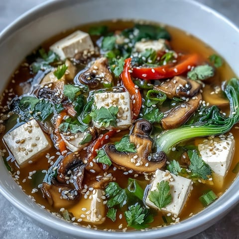 Silken tofu cubes and vibrant vegetables swim in a light, aromatic ginger-soy broth, ready to serve.