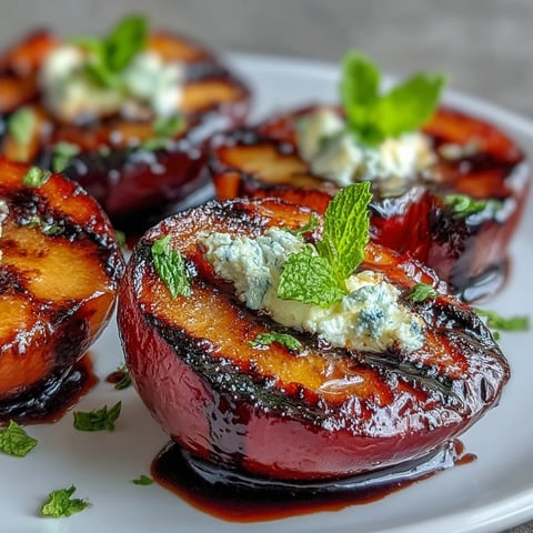 Grilled plums topped with creamy goat cheese and a balsamic glaze, served warm on a rustic platter.