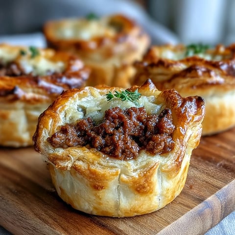 Golden, flaky Mini Beef Tourtières fresh from the oven, dusted with flour and beautifully browned on a rustic board. 