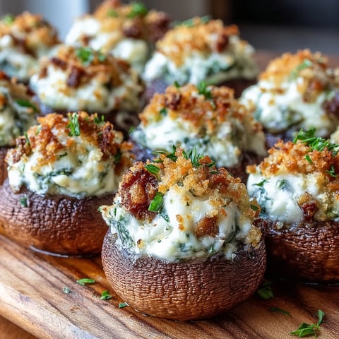 Golden-brown Stuffed Asiago-Basil Mushrooms resting on a platter, with melted cheese and fresh basil garnish.