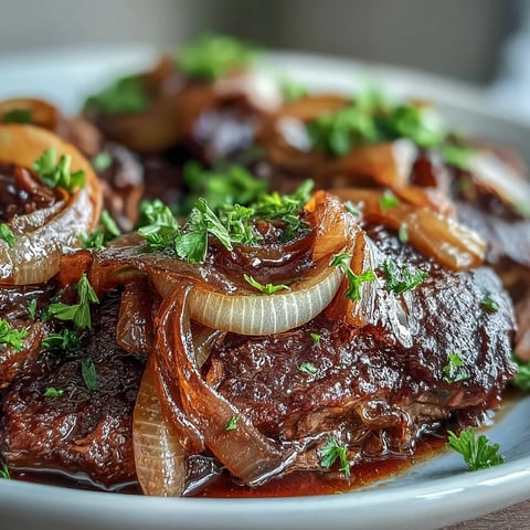 Slow-cooked Savory Crock Pot French Onion Pot Roast with melted Gruyere, caramelized onions, and fresh parsley garnish.