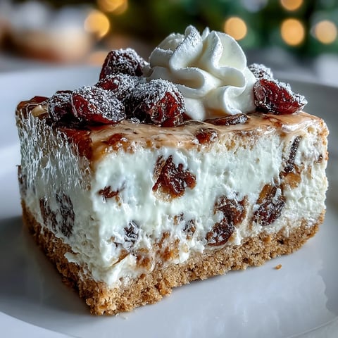A close-up view of a Christmas Cheesecake Slab square, showcasing the velvety cream cheese filling with dried fruits nestled in a golden biscuit crust and topped with fluffy whipped cream.