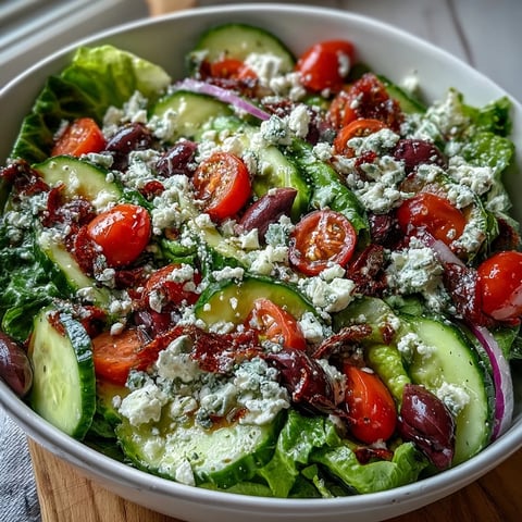 Freshly tossed Greek Salad Bowl with crisp romaine, creamy feta, and briny Kalamata olives in a classic vinaigrette.