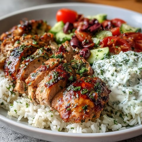 Freshly grilled Greek chicken slices rest atop fluffy herbed rice, alongside a colorful tomato-cucumber salad, Kalamata olives, and creamy tzatziki sauce in a bowl.