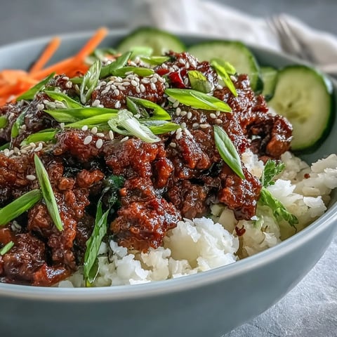 Brightly garnished Easy Korean Beef Bowl with sesame seeds, cucumber, and carrots atop fluffy cauliflower rice.
