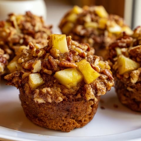 Close-up of fluffy Seasonal Spiced Pear and Walnut Muffins; you can almost smell the cinnamon.
