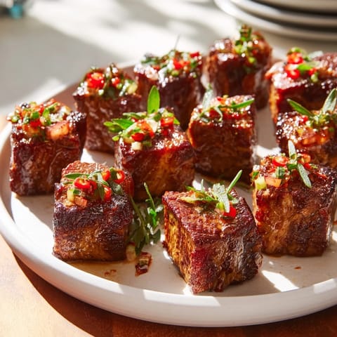 Golden-brown skillet-seared steak bites, coated in flavorful garlic butter, ready to serve.