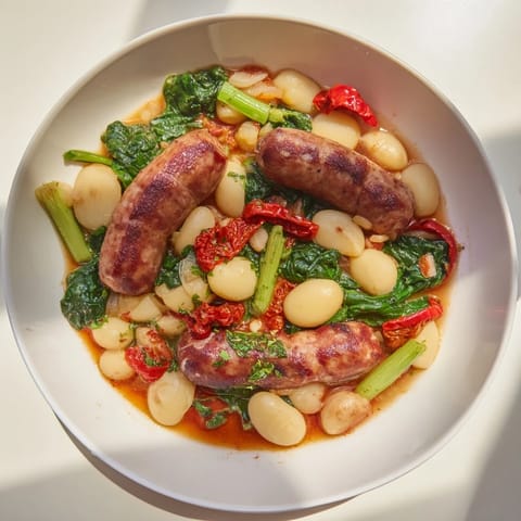 This comforting One-Pot Sausage and White Bean Stew simmers with tender beans and flavorful broth.