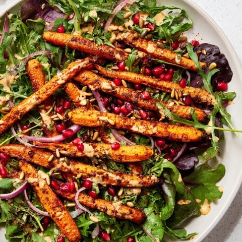 Close-up of the roasted carrot salad, showcasing its creamy tahini-lemon dressing and fresh herbs.