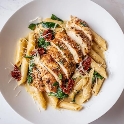 A close-up of Creamy Tuscan chicken pasta showcases the rich cream sauce, chicken, and sun-dried tomatoes.