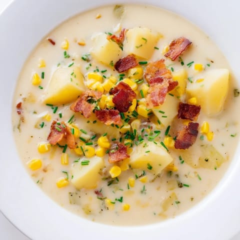 Close-up of a hearty corn chowder, with golden corn kernels and tender potatoes visible.