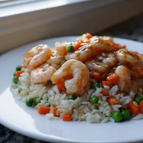 A close-up of vibrant Shrimp Garlic Fried Rice with peas and carrots, steaming hot and ready for a quick weeknight dinner.  