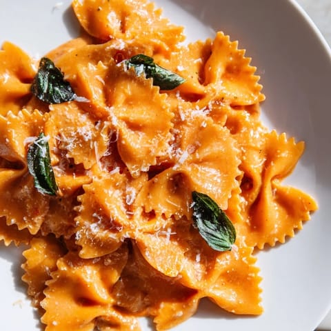 A close-up of tomato basil bowtie pasta with silken sauce clinging to each farfalle, topped with fresh basil leaves and extra Parmesan cheese.  