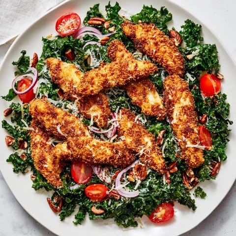 Served on a white plate, this hearty salad features golden-brown panko-crusted chicken and vibrant greens tossed in a tangy maple-Dijon dressing.  