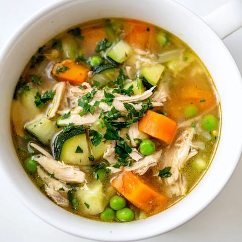 A rustic white bowl holds Spring Garden Chicken Soup garnished with fresh parsley, ready for a cozy family dinner.  