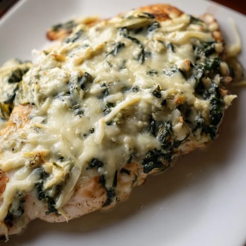 Bubbling Spinach & Artichoke Chicken Bake in a ceramic dish, showcasing tender chicken breasts under the creamy topping.