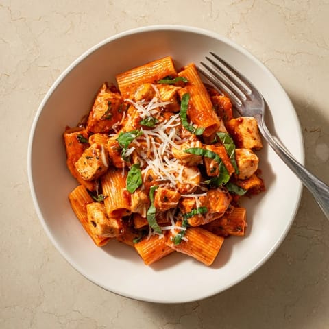 Fresh basil leaves garnish a steaming plate of Tomato Basil Chicken Pasta, served alongside crusty bread for a complete Italian meal.